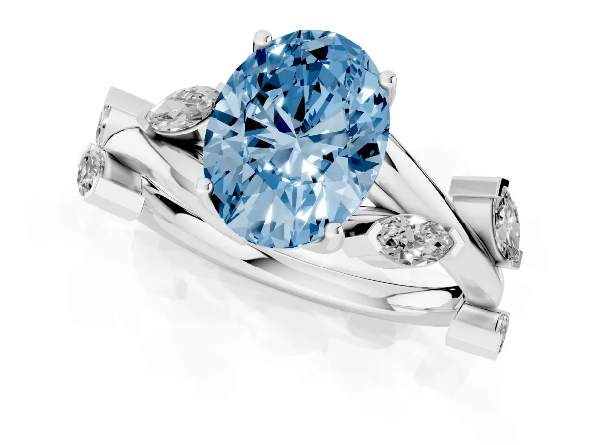 Fancy Blue Oval Cut Solitaire Twisted Band Marquise Accent Prong Setting Ring Platinum
