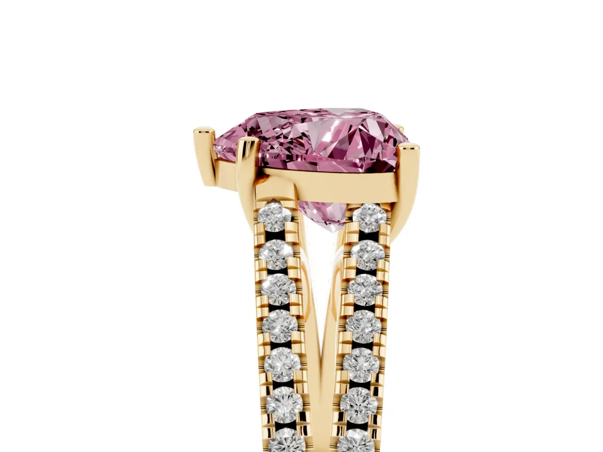 Fancy Pink Heart Cut Diamond Solitaire Engagement Ring with Split Shank Pavé Band Yellow gold