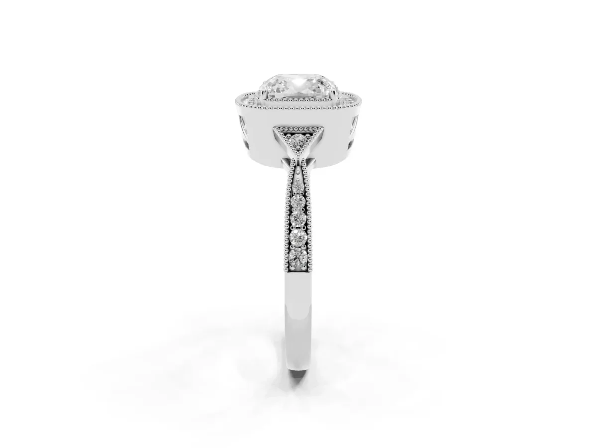 Cushion Cut Halo Round Diamond Milgrain Pave Engagement Ring Silver