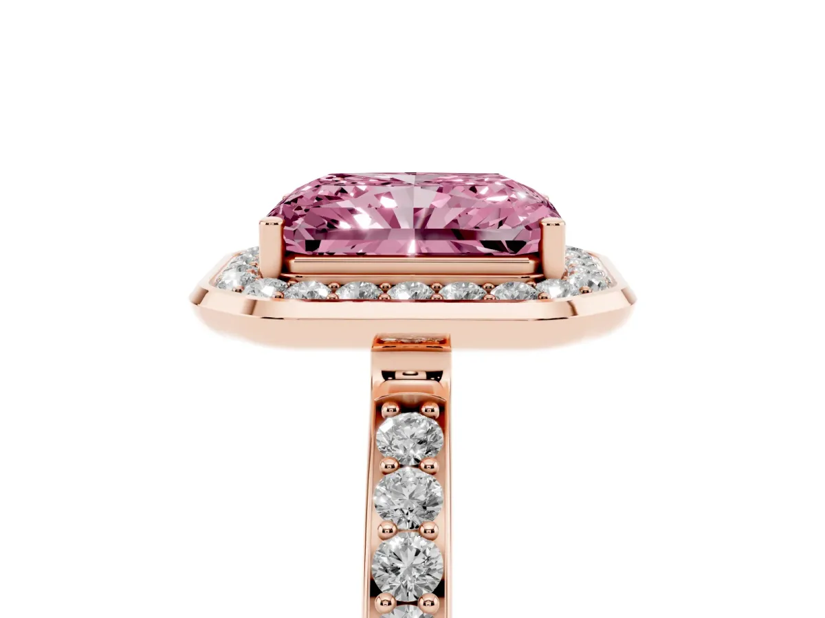 Fancy Pink Radiant Cut Diamond Halo Ring with Bezel Frame and Pavé Band Rose gold