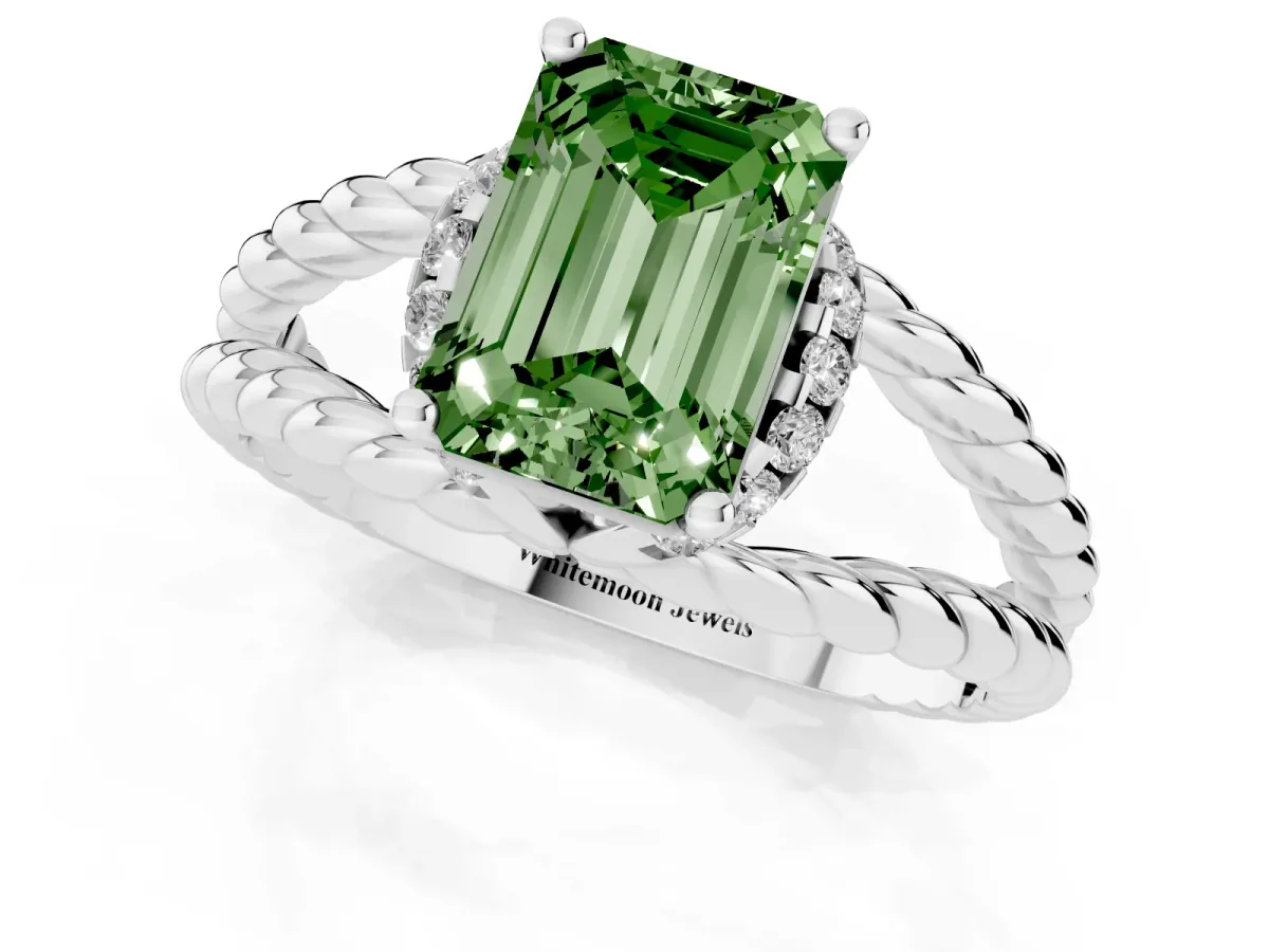 Fancy Green Emerald Cut Halo Twisted Band Four-Prong Ring Silver
