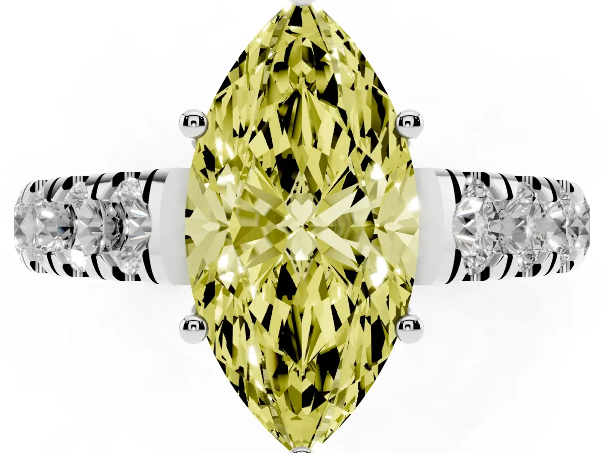 Fancy Yellow Marquise Cut Cut Diamond Solitaire Ring with Micro Pave Band and Prong Setting Silver