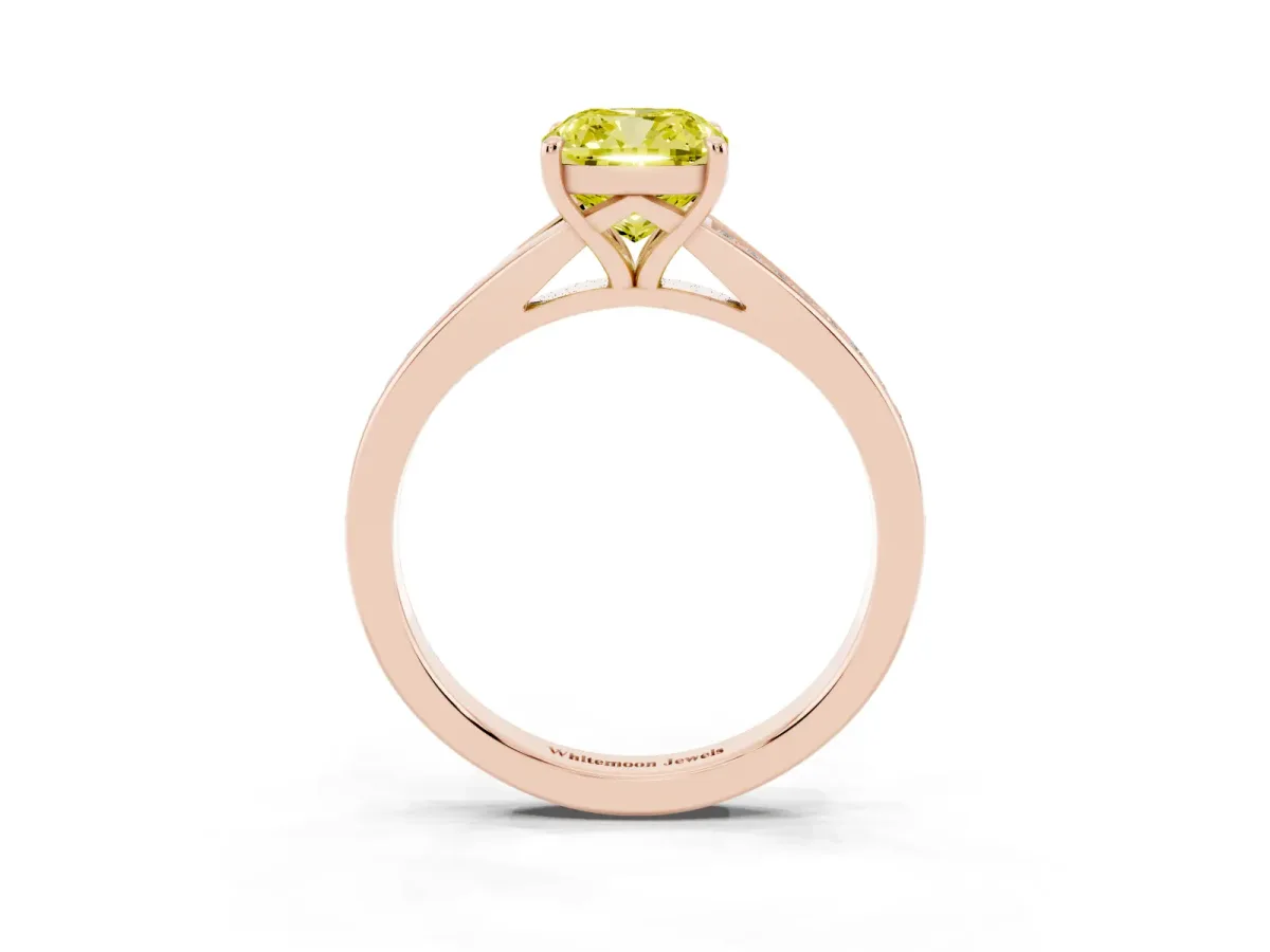 Fancy Yellow Cushion Cut Diamond Solitaire Ring with Pavé Band and Prong Setting Rose gold