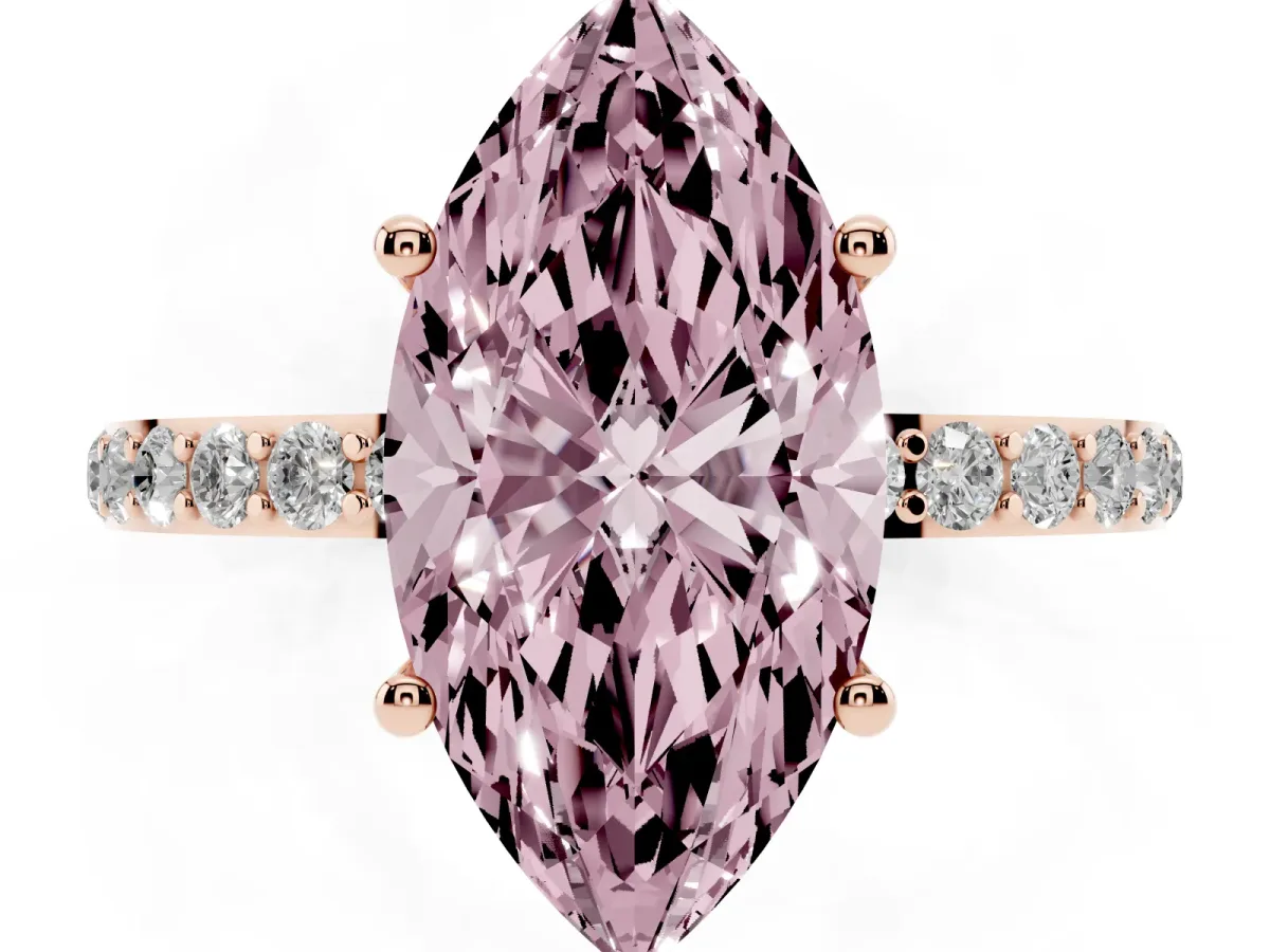 Fancy Pink Marquise Cut Diamond Solitaire Ring with Round Pavé Shoulders and Prong Setting Rose gold