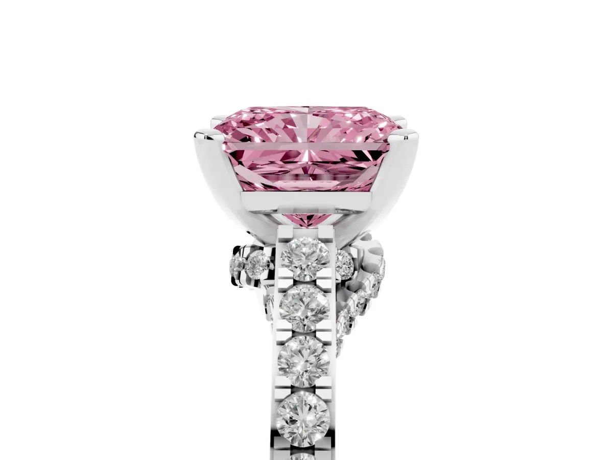 Fancy Pink Radiant Cut Diamond Solitaire Ring with Crossover Gallery and Round Pavé Band Platinum