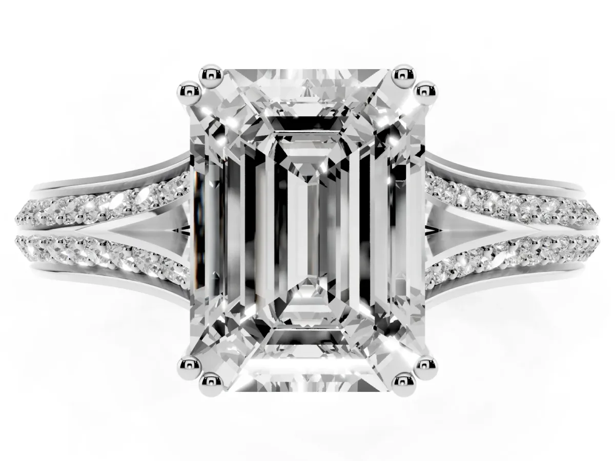 Emerald Cut Diamond Split Shank Engagement Ring with Pavé Band Silver