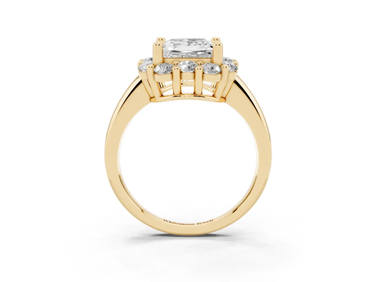 Princess Cut Halo Cluster Diamond Engagement Ring with Prong Setting and Polished Band Yellow gold