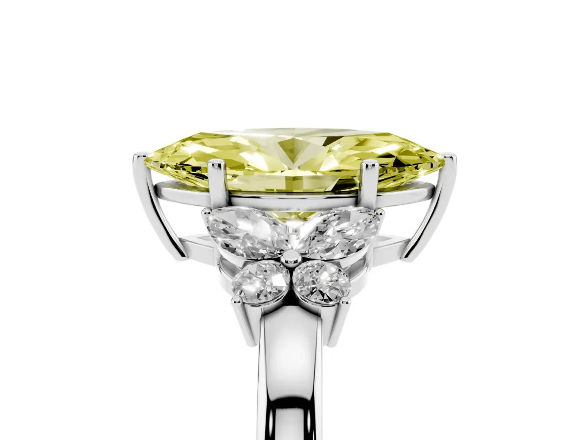 Fancy Yellow Marquise Cut Cut Solitaire Floral Diamond Ring with Four-Prong Setting White gold