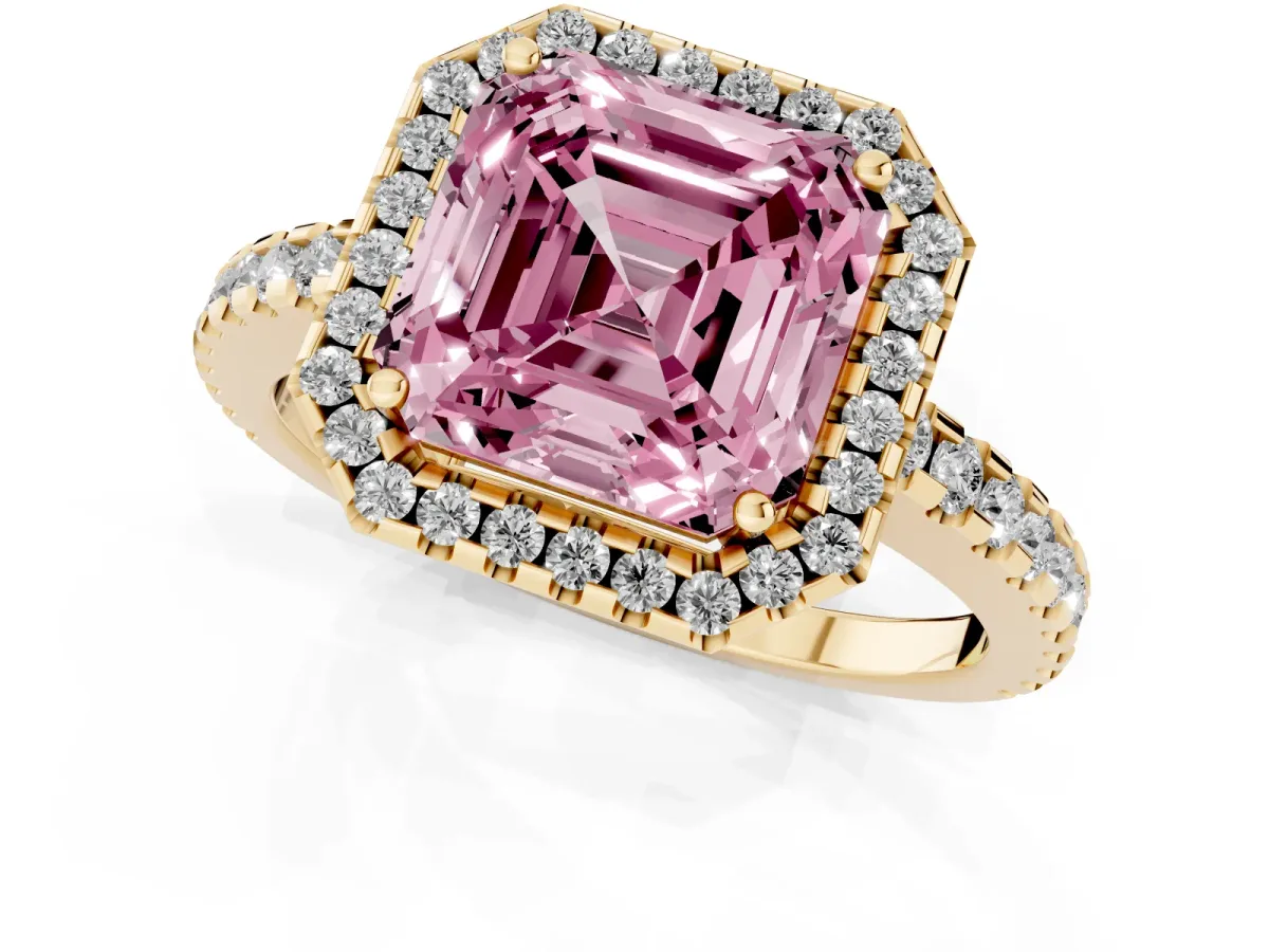 Fancy Pink Asscher Cut Diamond Halo Engagement Ring with Pavé Band and Prong Setting Yellow gold