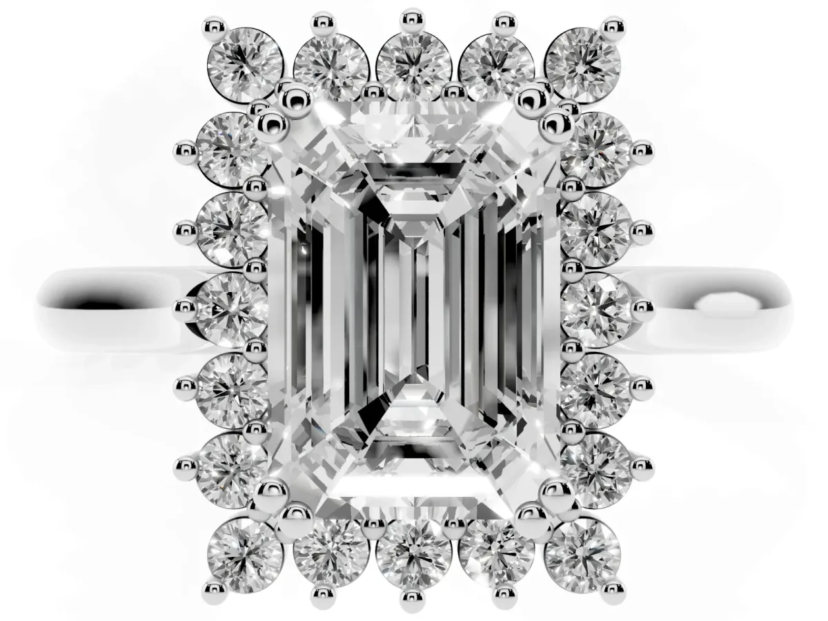 Emerald Cut Cut Diamond Halo Ring with Solitaire Band and Prong Setting Silver