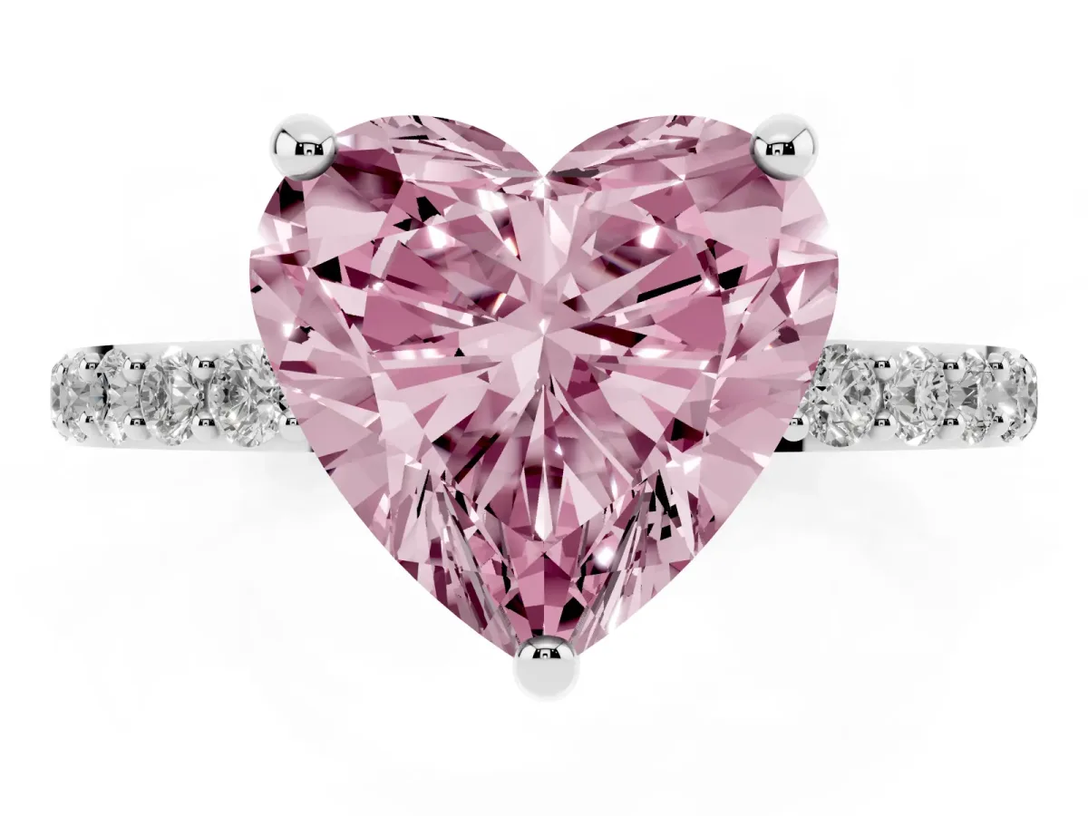 Fancy Pink Heart Cut Diamond Solitaire Ring with Round Pavé Band and Prong Setting Silver