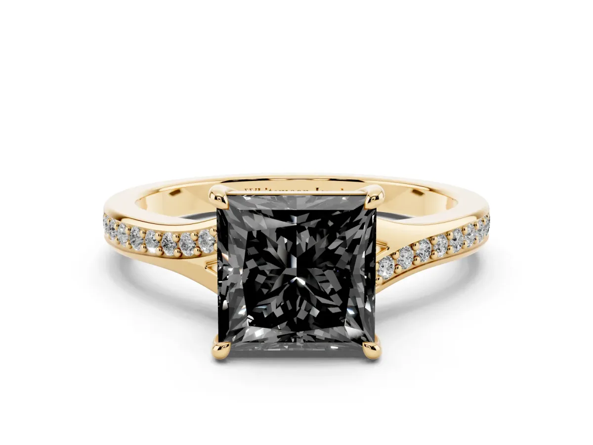 Fancy Black Princess Cut Diamond Solitaire Ring with Pavé Band and Prong Setting Yellow gold