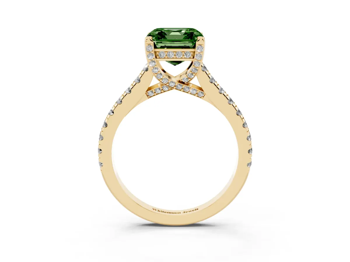 Fancy Green Asscher Cut Brilliant Diamond Solitaire with Pavé Band and Four-Prong Setting Yellow gold