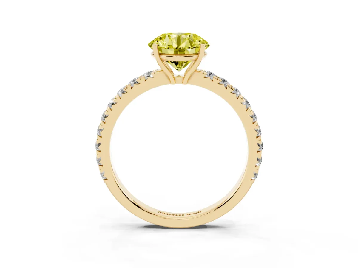 Fancy Yellow Round Cut Diamond Pavé Solitaire Engagement Ring with Four-Prong Setting Yellow gold