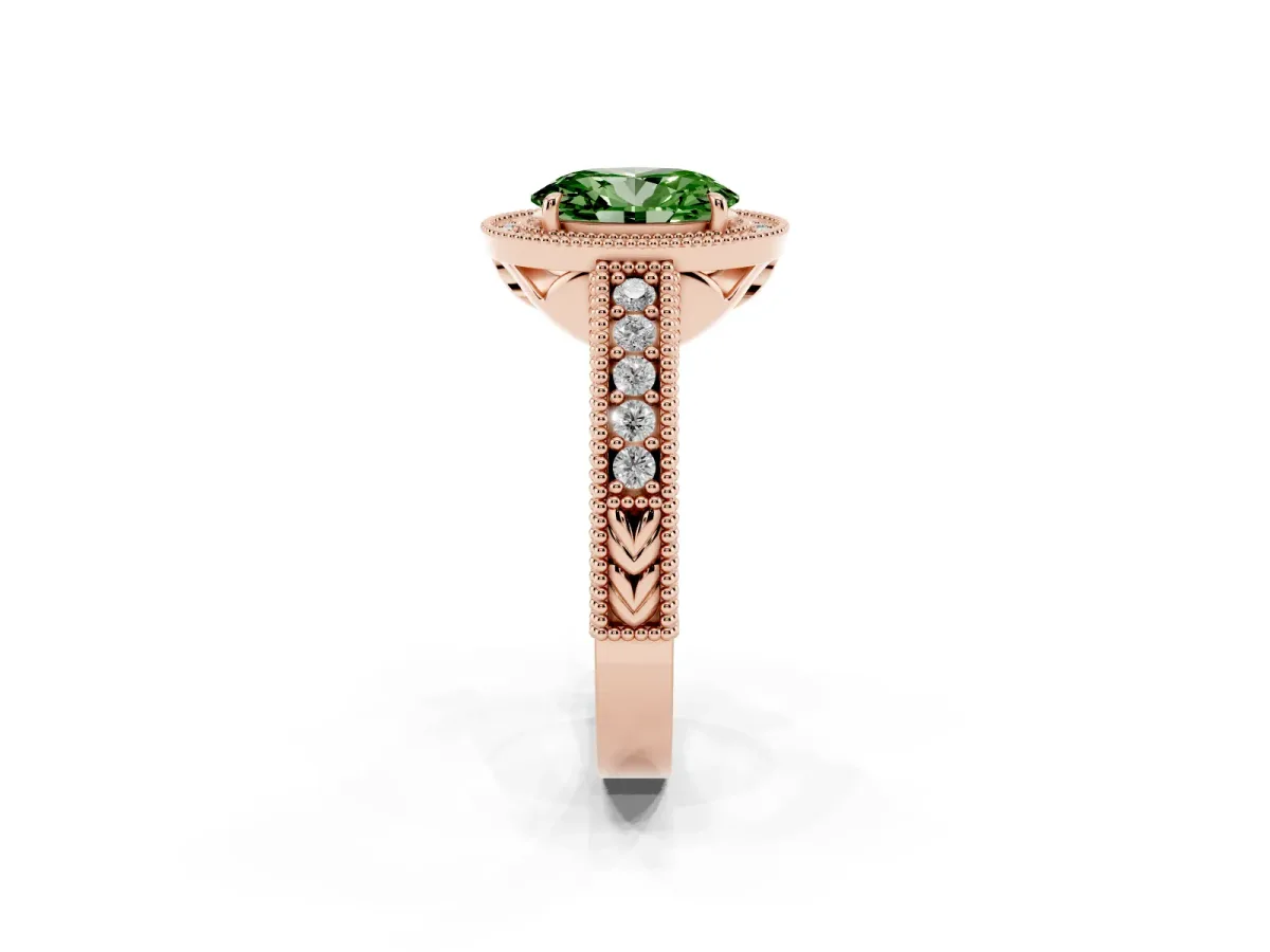 Fancy Green Oval Cut Cut Halo Diamond Ring with Pavé Band and Four-Prong Setting Rose gold
