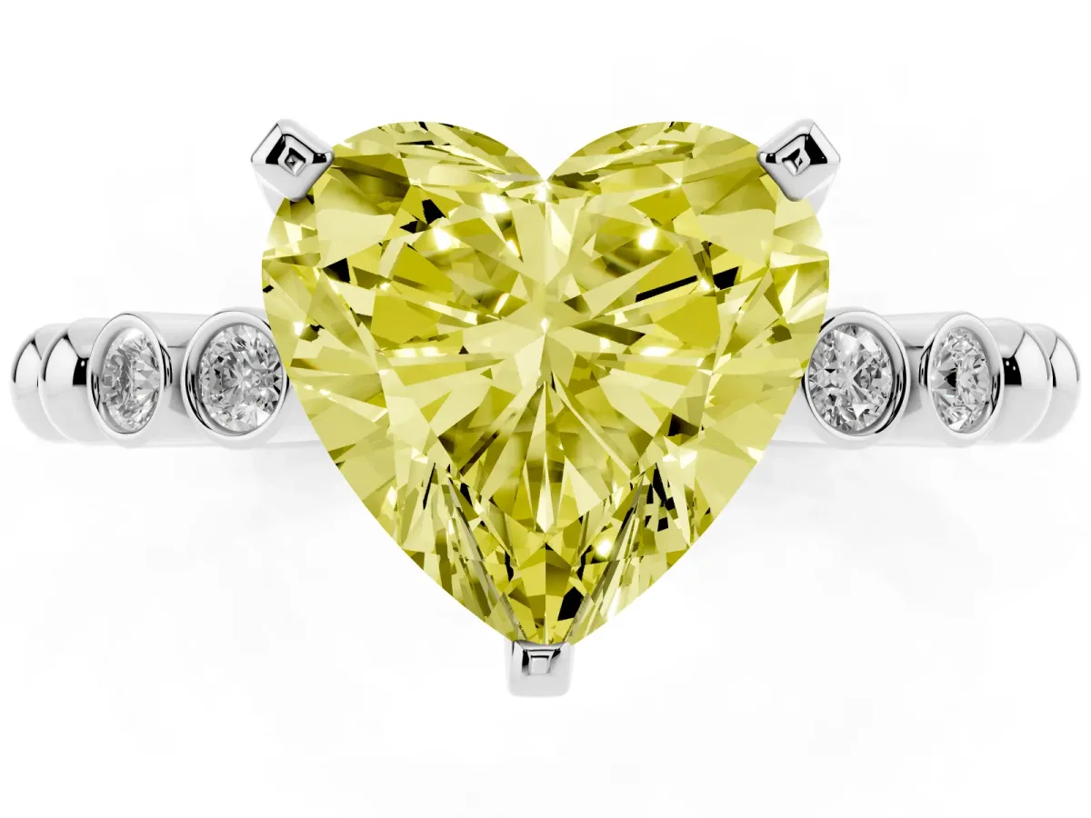 Fancy Yellow Heart Cut Solitaire Bezel Accent Diamond Engagement Ring with Beaded Band and Four-Prong Setting Silver