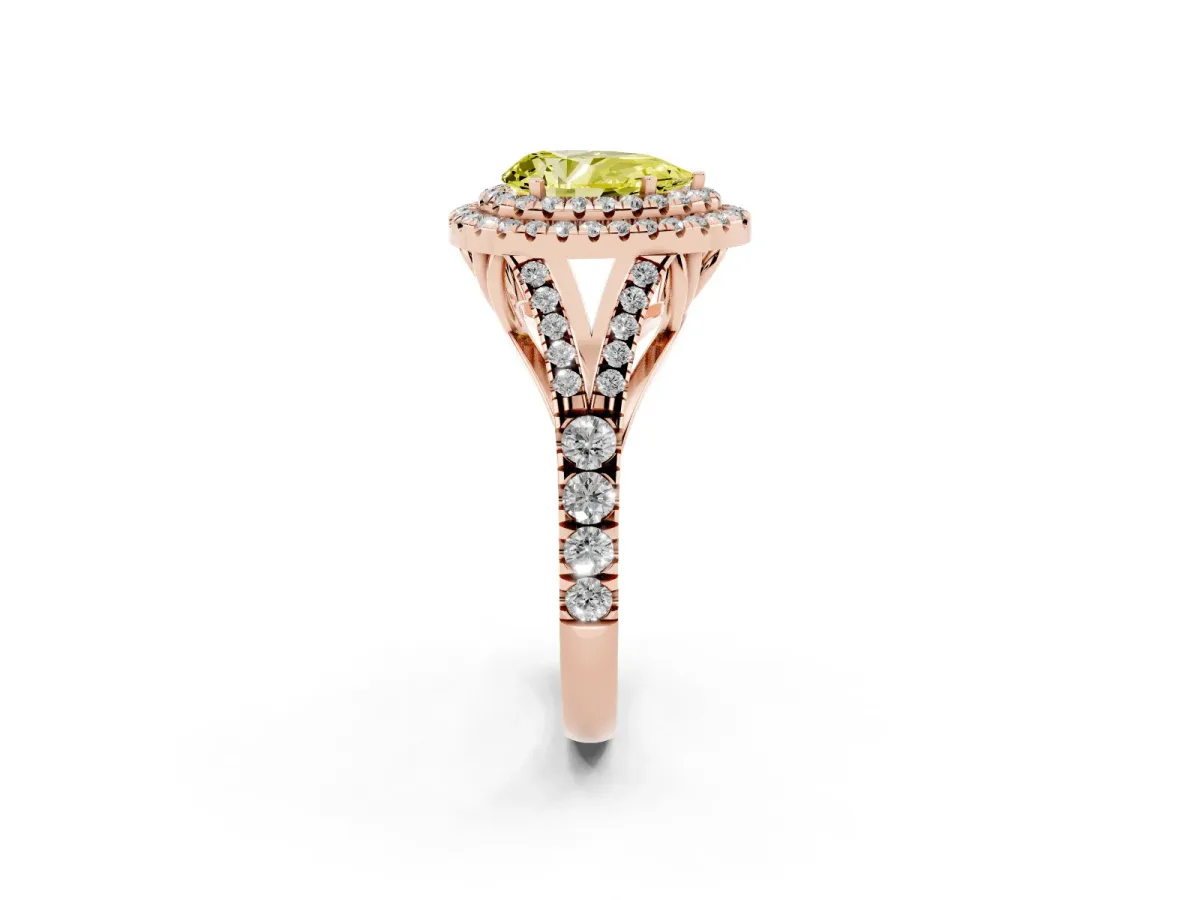 Fancy Yellow Pear Cut Diamond Double Halo Ring with Split Shank and Prong Setting Rose gold