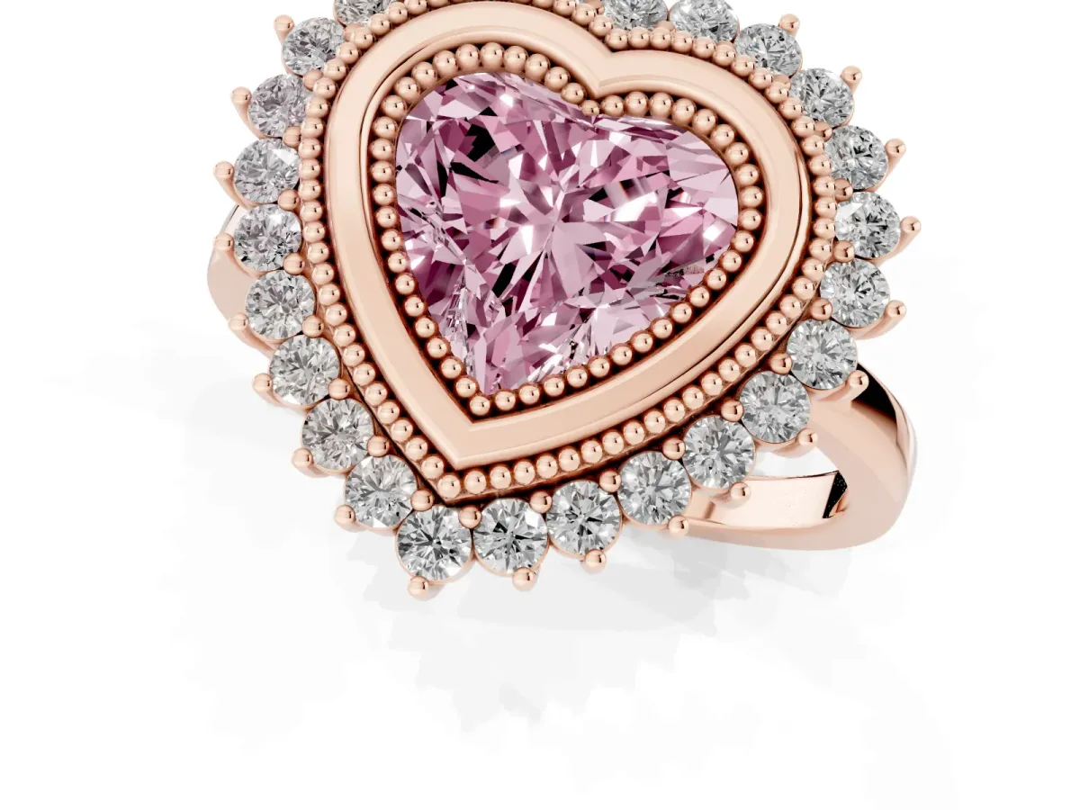 Fancy Pink Heart Cut Halo Diamond Ring with Milgrain Edge and Round Prong Setting Rose gold