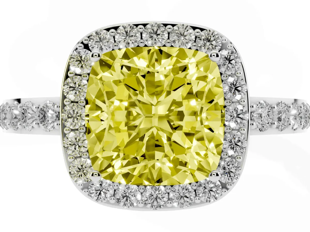 Fancy Yellow Cushion Cut Halo Diamond Pavé Band Ring with Prong Setting Silver
