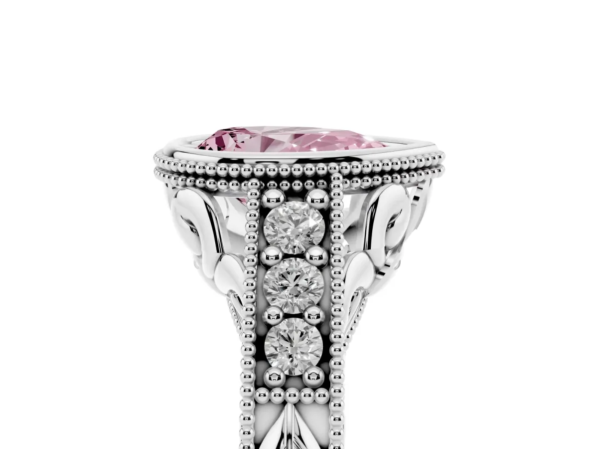Fancy Pink Bezel Set Pear Cut Diamond Milgrain Pave Engagement Ring Platinum