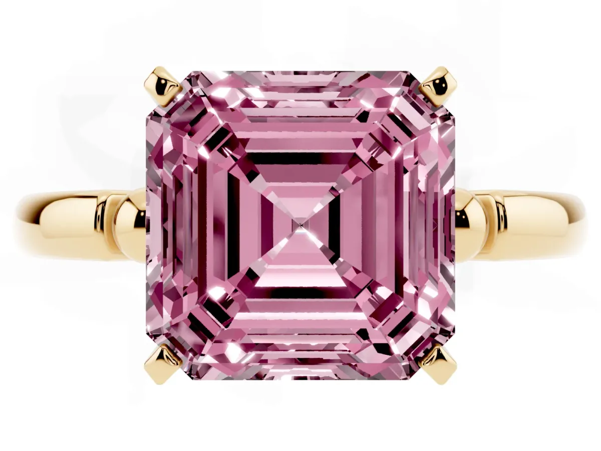 Fancy Pink Asscher Cut Solitaire Beaded Band with Four-Prong Setting Yellow gold