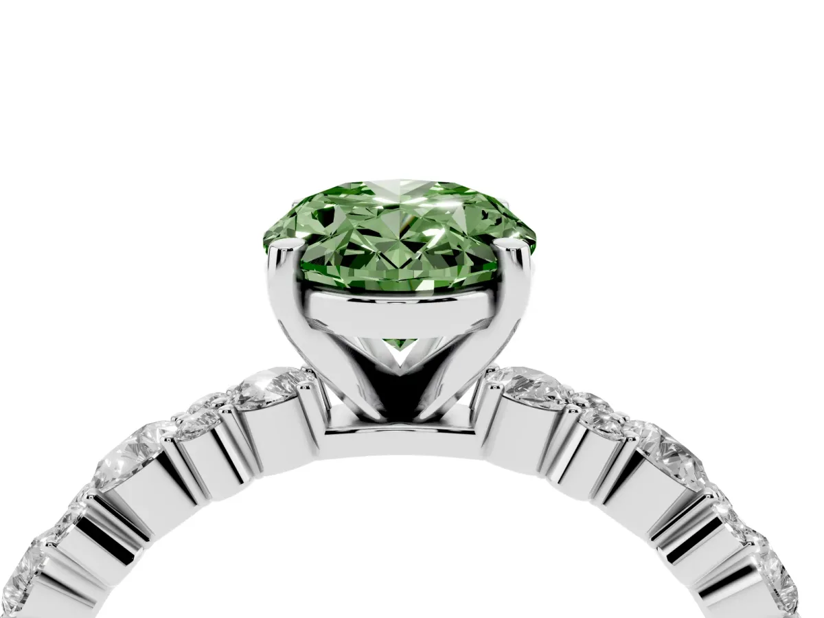 Fancy Green Oval Cut Diamond Side Stone Solitaire Ring with Round and Four-Prong Setting Silver