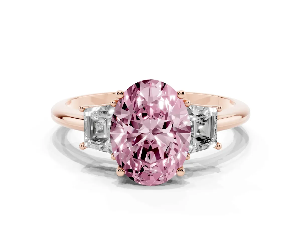 Fancy Pink Oval Cut Diamond Three-Stone Ring with Trapezoid Side Stones and Prong Setting Rose gold