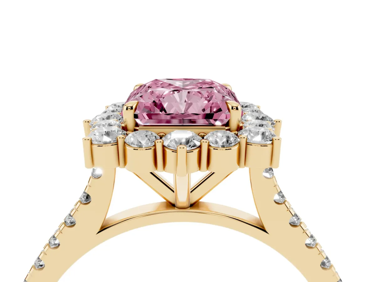 Fancy Pink Radiant Cut Halo Diamond Ring with Pavé Band and Prong Setting Yellow gold