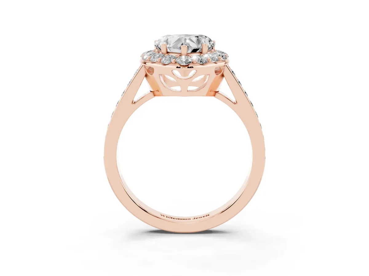 Heart Cut Diamond Floral Halo Ring with Pavé Band and Prong Setting Rose gold