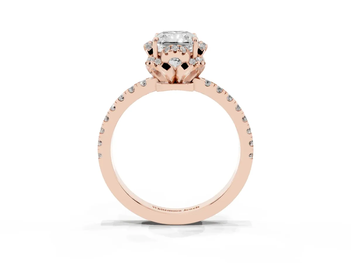 Radiant Cut Halo Diamond Pave Band Ring with Four-Prong Setting Rose gold