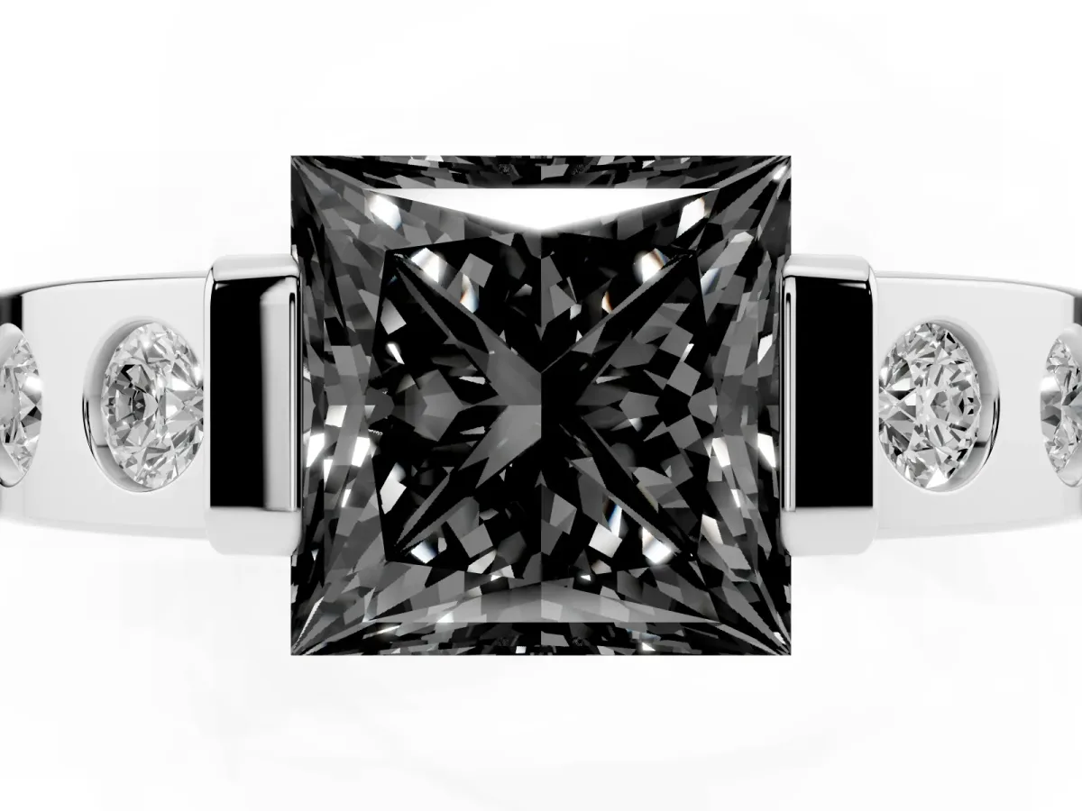 Fancy Black Princess Cut Brilliant Channel-Set Diamond Ring with Bezel Prong Setting Silver