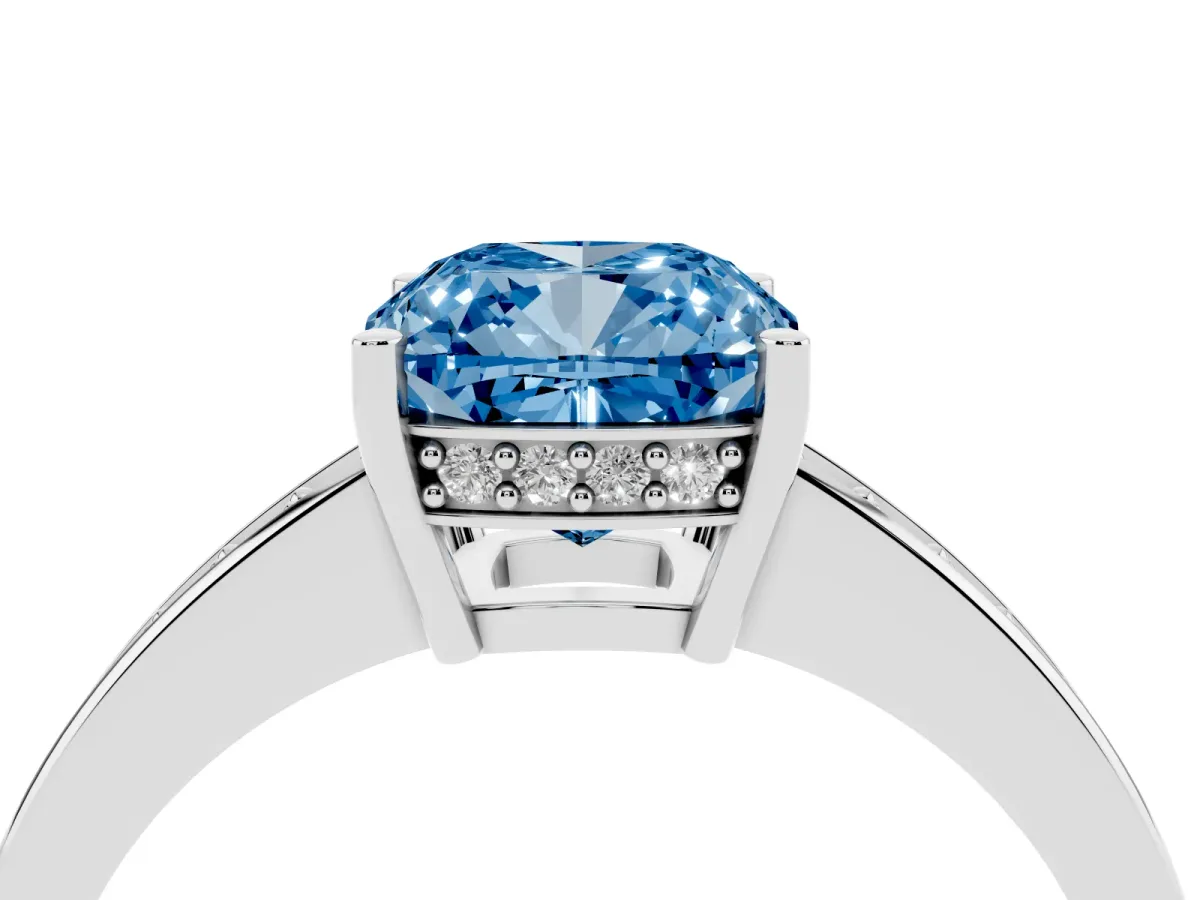 Fancy Blue Cushion Cut Solitaire Pavé Band Prong Setting Ring Silver