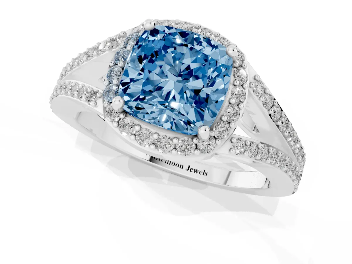 Fancy Blue Cushion Cut Halo Split Shank Pave Diamond Ring with Four-Prong Setting Platinum