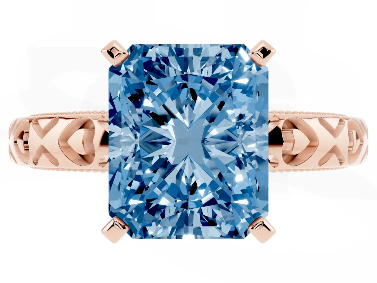 Fancy Blue Radiant Cut Solitaire Diamond Engagement Ring with XO Engraved Band and Four-Prong Setting Rose gold