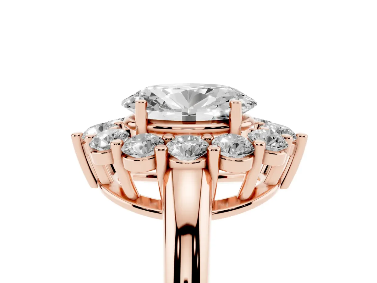 Oval Cut Halo Cluster Diamond Engagement Ring with Prong Setting and Polished Band Rose gold