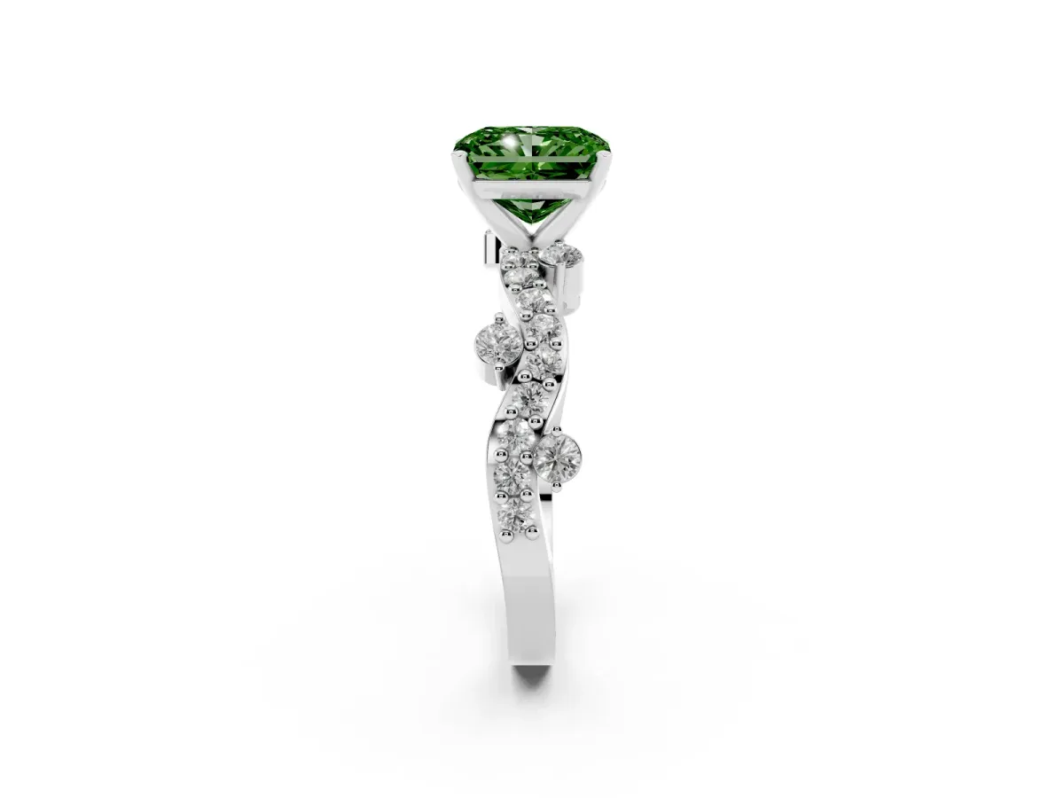 Fancy Green Radiant Cut Cut Solitaire Diamond Twisted Band with Pave Setting Platinum