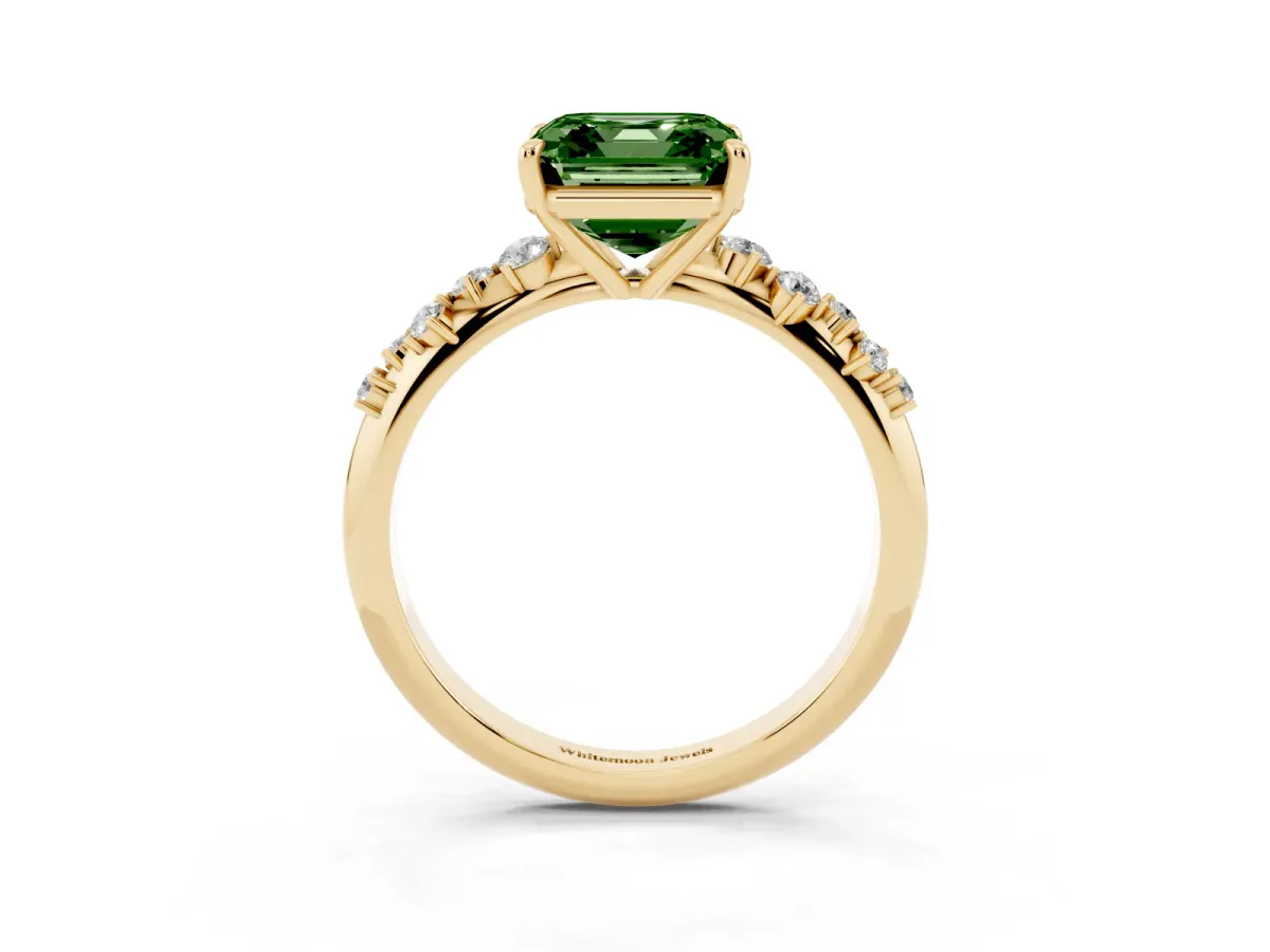 Fancy Green Asscher Cut Diamond Cluster Side Stone Solitaire Ring with Prong Setting Yellow gold