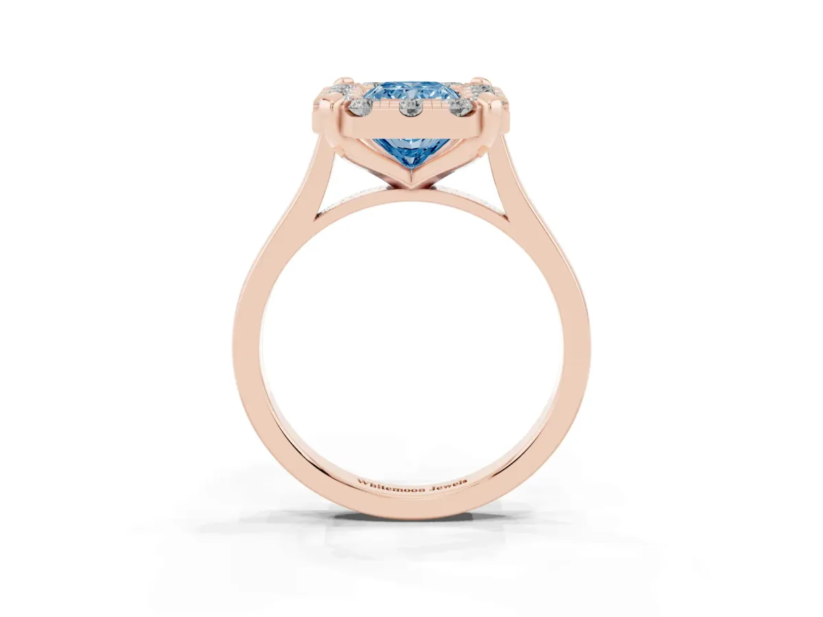 Fancy Blue Radiant Cut Diamond Cluster Halo Solitaire with Four-Prong Setting Rose gold