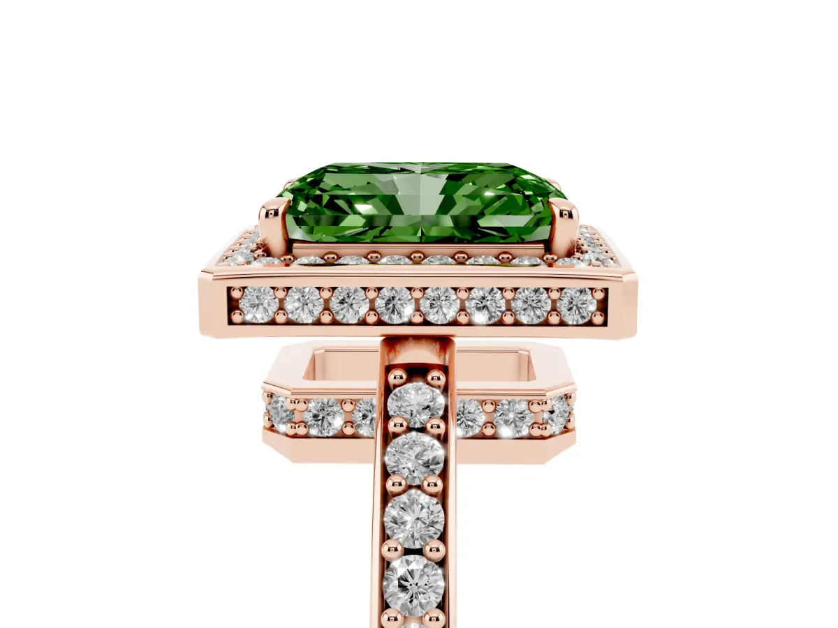 Fancy Green Radiant Cut Halo Pave Band Solitaire Ring with Prong Setting Rose gold