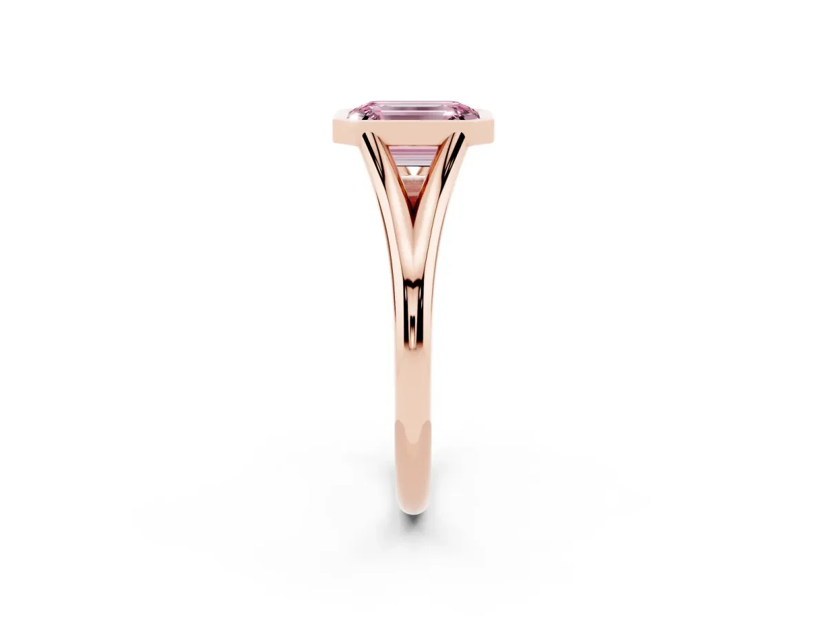 Fancy Pink Bezel Set Emerald Cut Cut Solitaire Ring with Tapered Band Rose gold