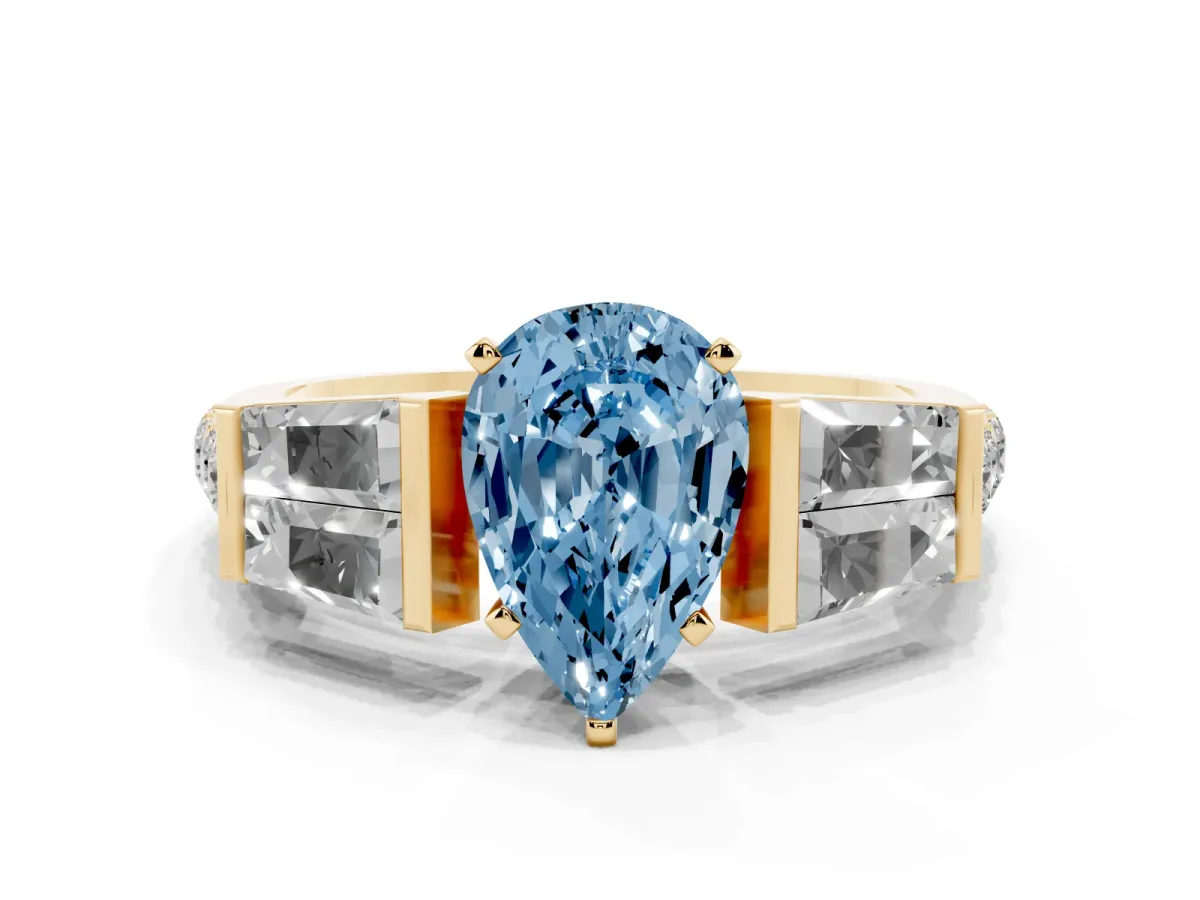 Fancy Blue Pear Cut Diamond Engagement Ring with Baguette Side Stones and Channel Set Band Yellow gold
