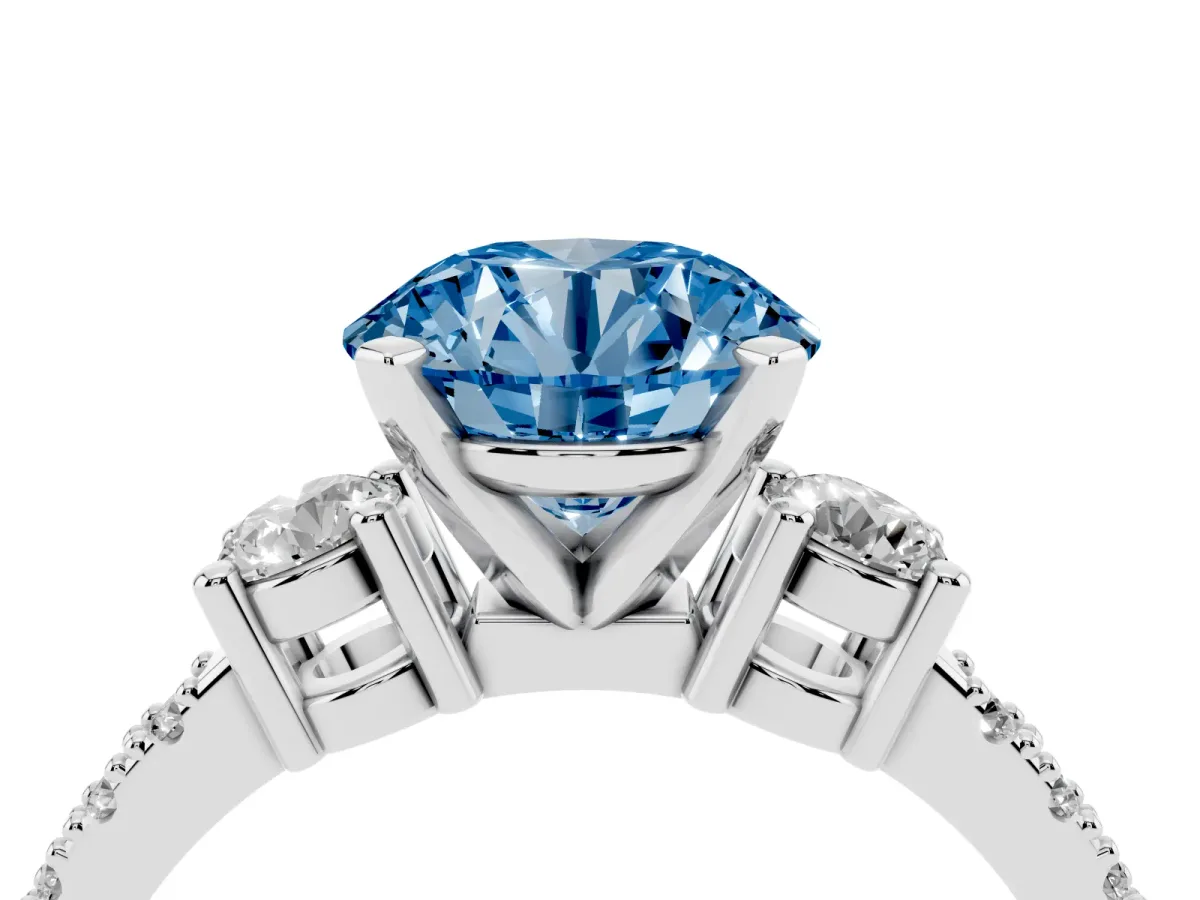 Fancy Blue Round Cut Three-Stone Diamond Pavé Band with Prong Setting Silver
