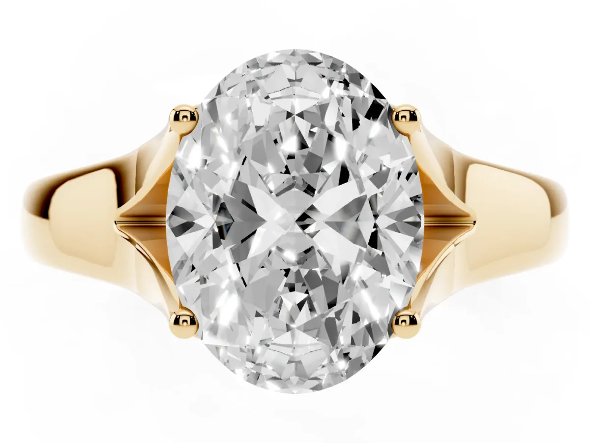 Oval Cut Solitaire Diamond Ring with Cathedral Band and Four-Prong Setting Yellow gold