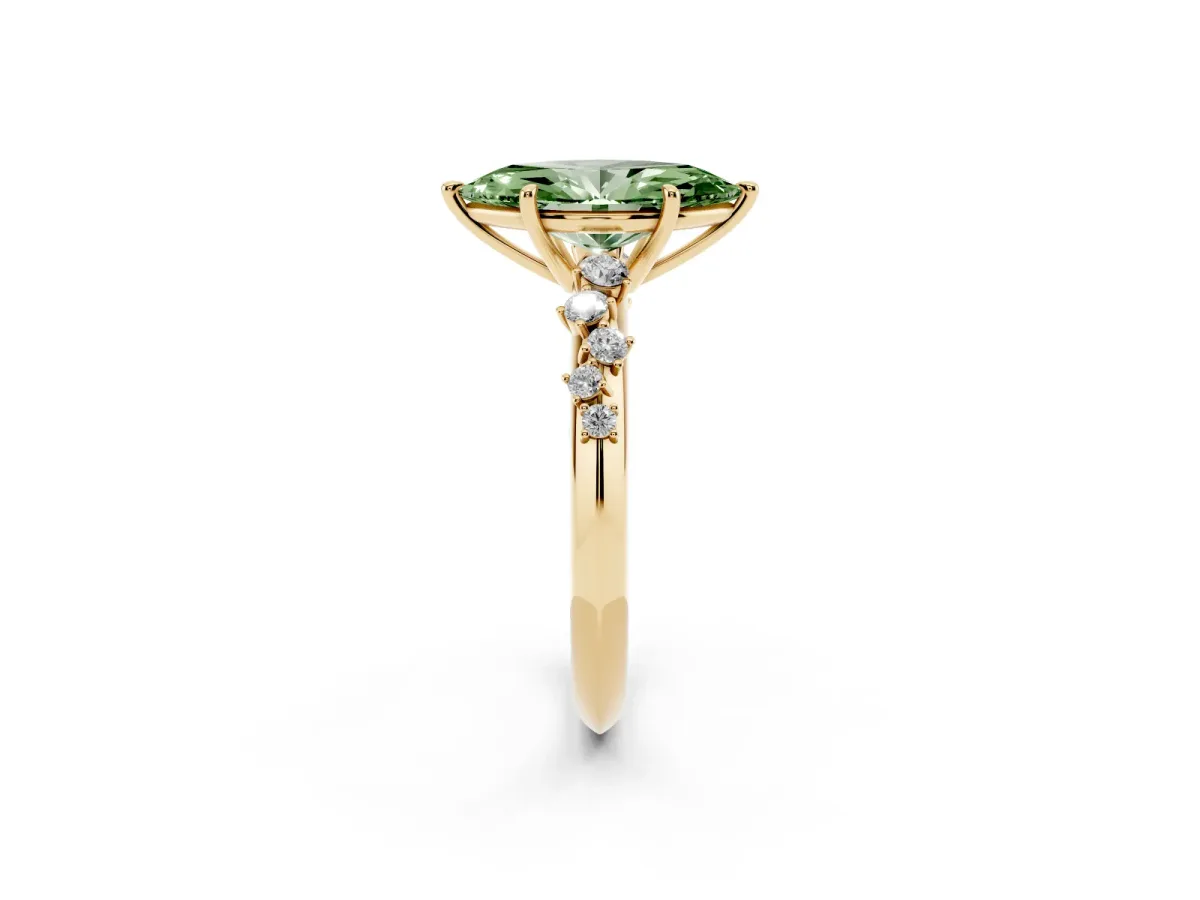 Fancy Green Marquise Cut Diamond Cluster Side Stone Solitaire Ring with Prong Setting Yellow gold
