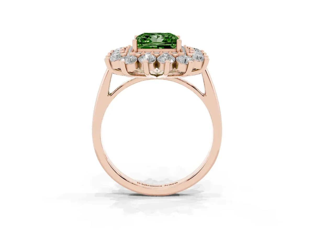 Fancy Green Princess Cut Diamond Floral Double Halo Engagement Ring with Prong Setting Rose gold