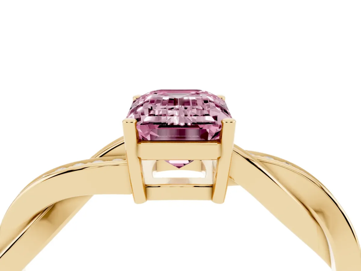 Fancy Pink Emerald Cut Solitaire Twisted Pave Diamond Ring with Four-Prong Setting Yellow gold