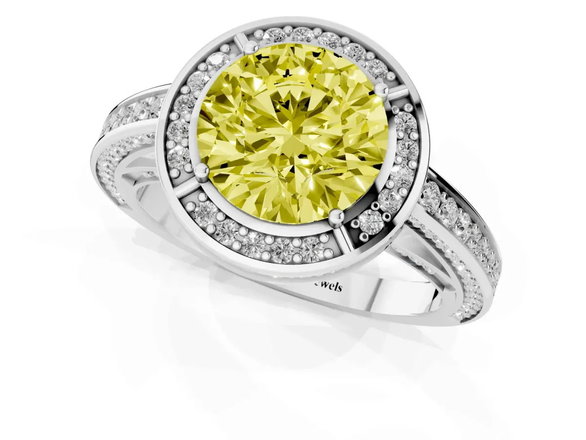 Fancy Yellow Round Cut Cut Halo Pave Split Shank Prong Setting Ring Platinum