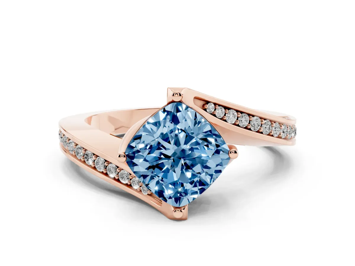 Fancy Blue Cushion Cut Solitaire Diamond Twist Band with Pavé Setting and Four-Prong Setting Rose gold