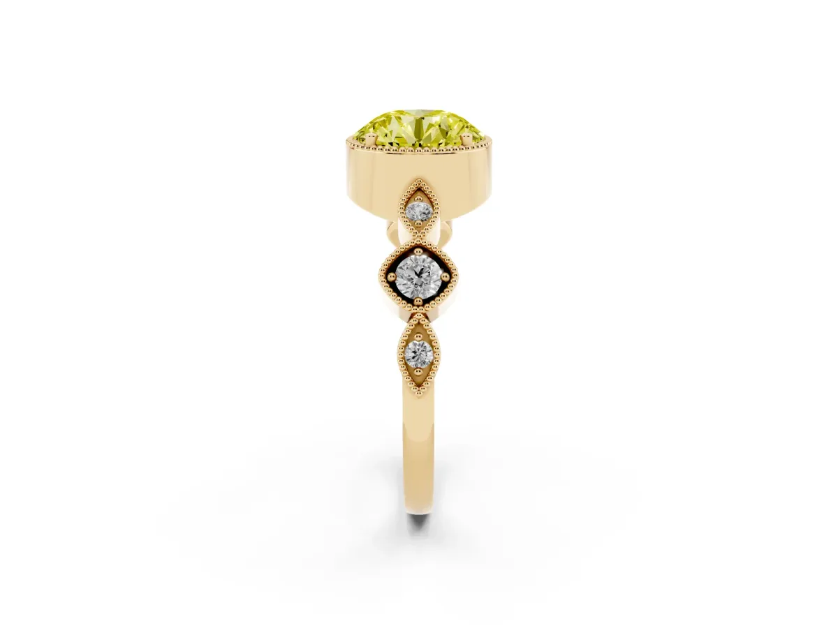 Fancy Yellow Round Cut Diamond Vintage Milgrain Ring with Round Stations Yellow gold