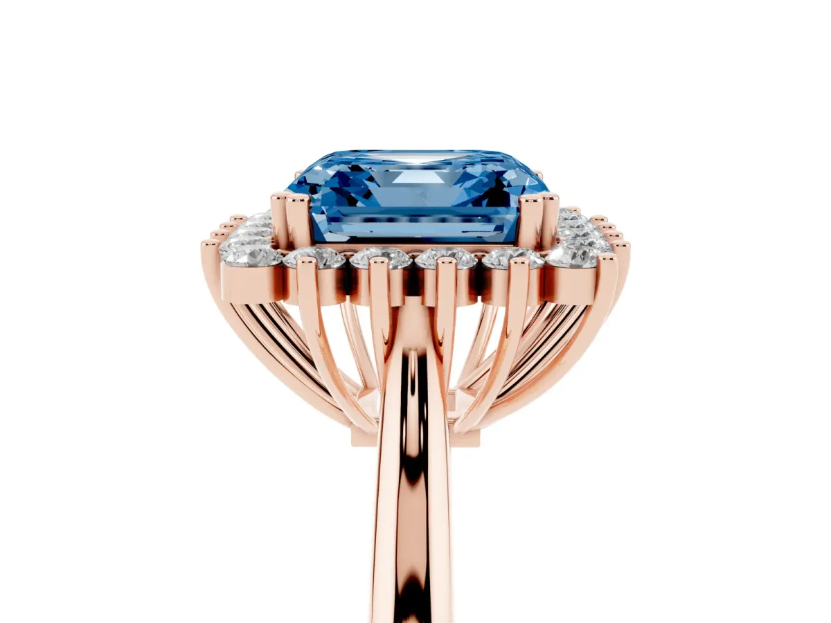 Fancy Blue Asscher Cut Cut Diamond Halo Ring with Solitaire Band and Prong Setting Rose gold
